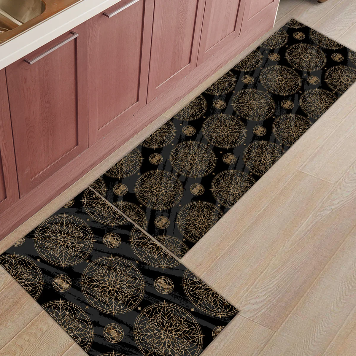 Black And Gold Mandala 2 Piece Mat For Kitchen Doormats Entrance Way Bathroom Accessories Set Dirt Debris Mud Trapper Boot | Дом и сад