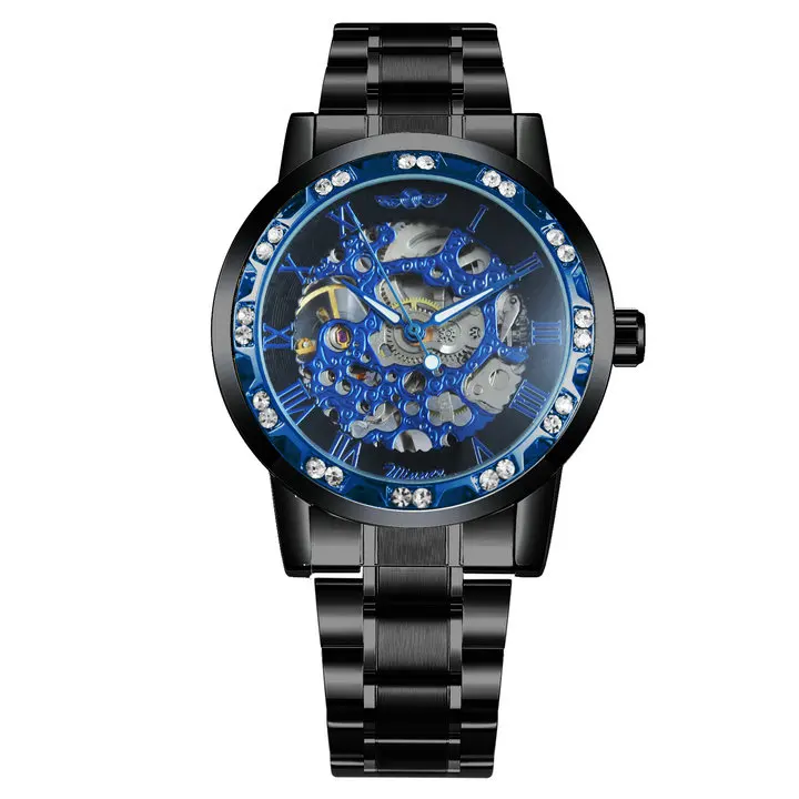 WINNER Skeleton Mechanical Watch Men Crystal Iced Out Golden Dial Brand Luxury Man Watch Steel Strap Business Wristwatch - Цвет: BLACK BLUE BLACK
