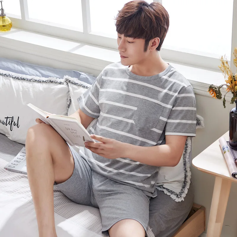 Pajama male summer short sleeve cotton qualitative pure color summer individual character tide takes home thin money suit