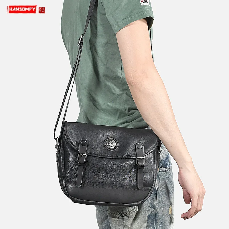 Simple Soft Black Leather Men Shoulder Bag Male Small Handbags Fashion Crossbody Messenger Retro First Layer Bags |