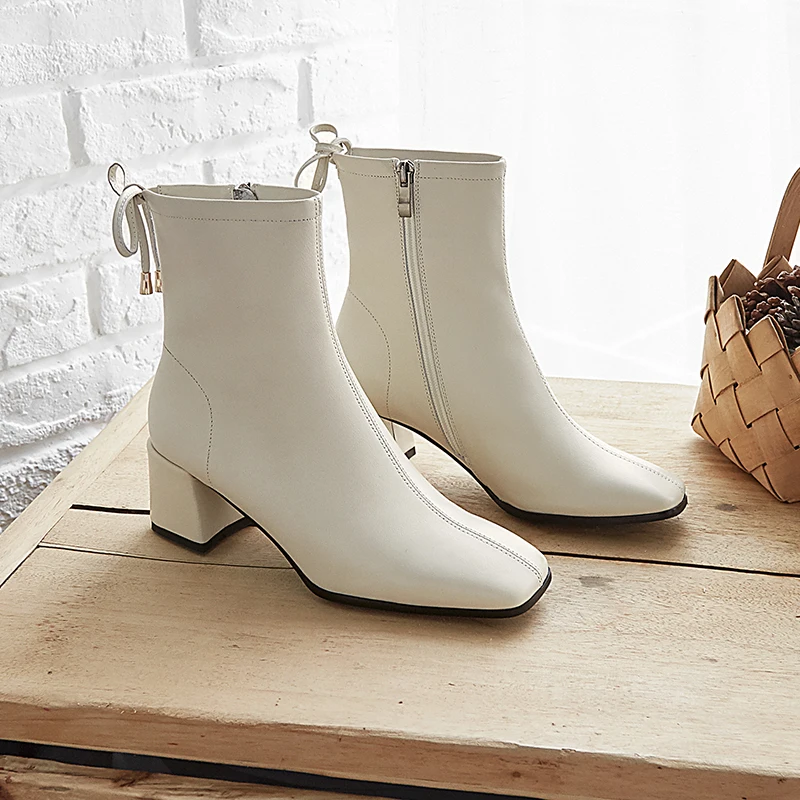 Women's genuine leather thick high heel autumn ankle boots square toe female fashion short booties bowtie zip boots shoes women