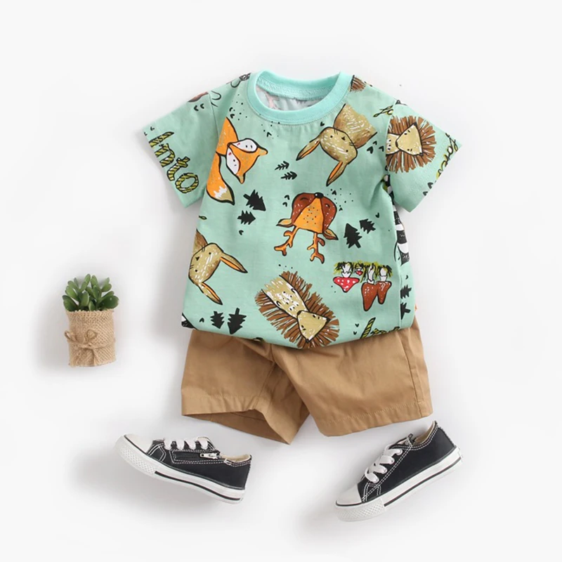 BINIDUCKLING Toddler Newborn Baby Boys Kids Clothes Set Cotton Animal Printed T-shirt+Shorts Summer Infant Boy Clothing |