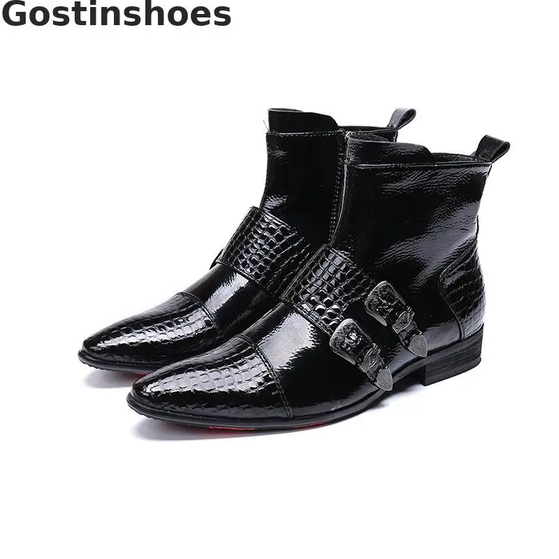 

Winter Men Leather Boots Black Snakeskin Pattern Printed Cap Toe Buckle Strap Men Short Boots Waxed Leather Leisure Work Boots
