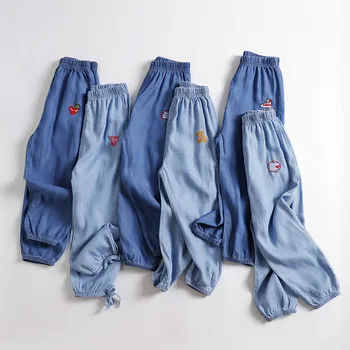 

Children thin pants spring summer boys girls embroidery tencel cotton bloomers infants 2-9 years denim harem pants kids clothes