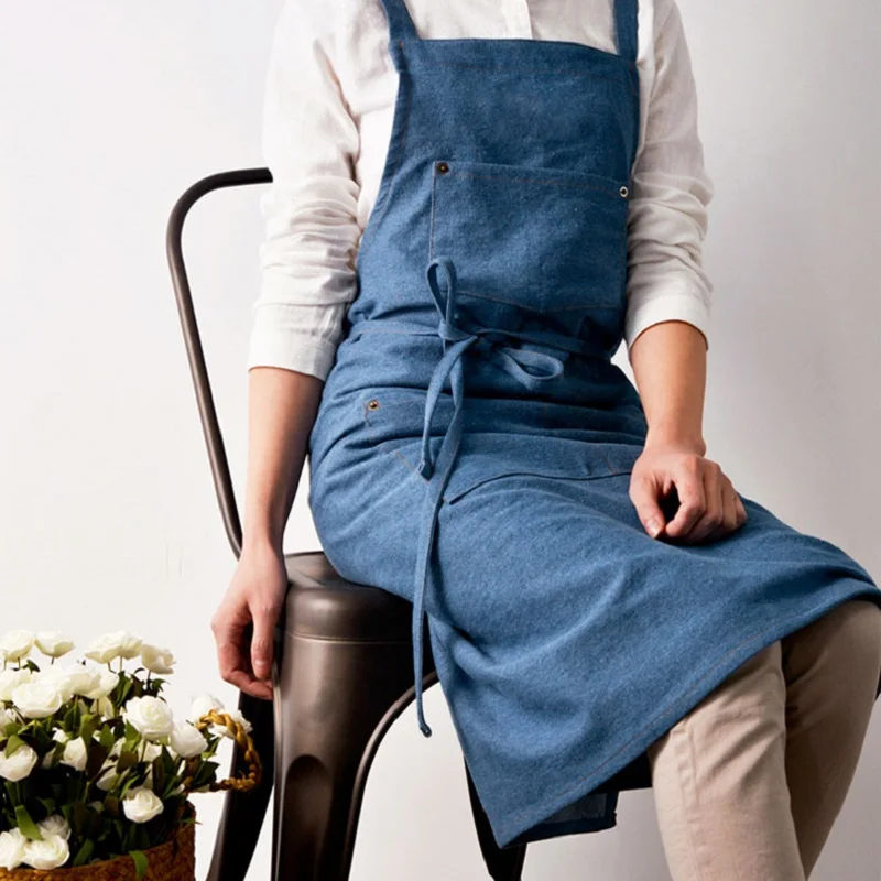 Kitchen Restaurant Work Denim Apron Bid Antifouling Cowboy Chef Cooking Aprons For Woman Men Lady Cafe Shop BBQ Hairdresser