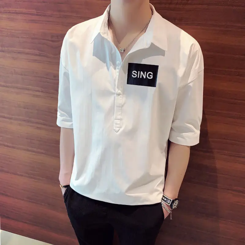 

Loose Short-Sleeved Shirt Men's Five-Point Sleeve Half-Sleeved Trend Clothes Ins Sleeve Shirt Seven-Point Sleeve