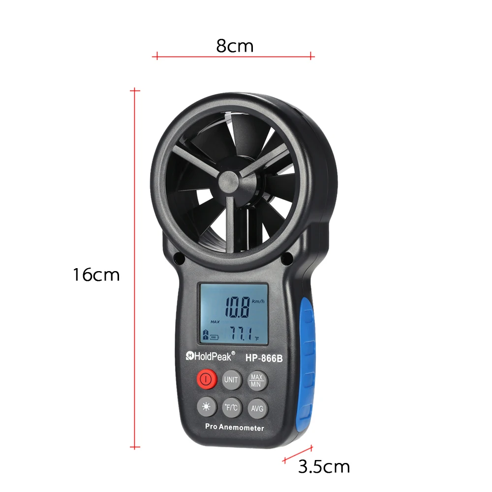 Holdpeak ветромер, датчик скорости ветра, ручной тахометр, HP-866B, цифровой анемометр, измеритель температуры, ЖК-подсветка
