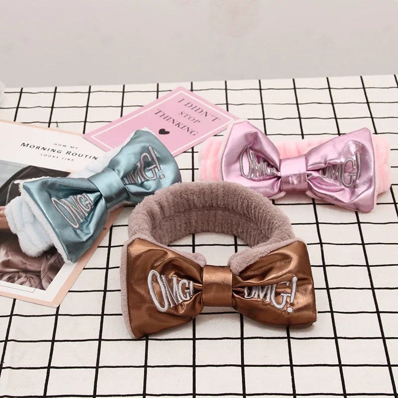 

Xugar PU Leather OMG Headbands for Women Girls Bows Makeup Wash Face Hairband Turban Coral Fleece Hair Accessories