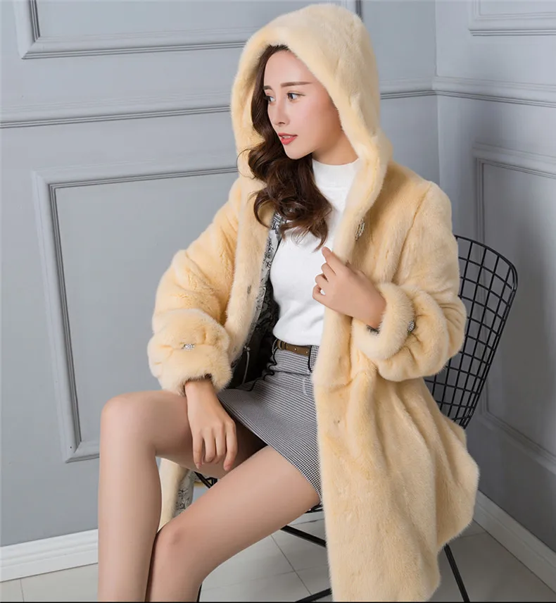 AYUNSUE натуральная норка пальто женские роскошные меховые пальто зимняя куртка женские теплые длинные куртки с капюшоном плюс размер пальто Femme MY - Цвет: creamy yellow-hooded