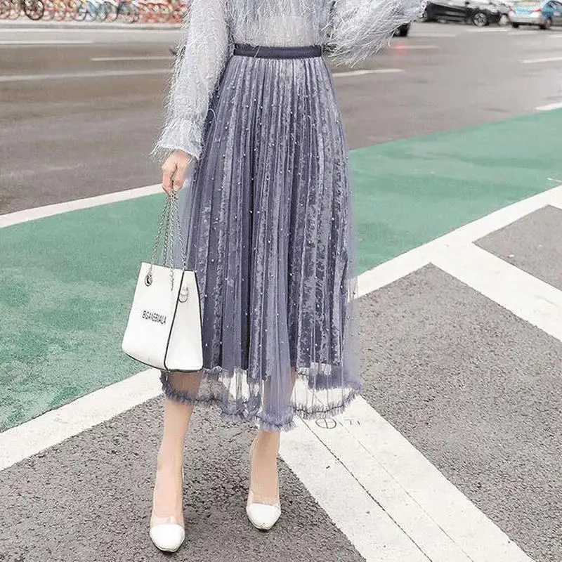 Тюлевая бархатная юбка с бисером, милая Женская весенне-осенняя элегантная длинная юбка макси, Свободная Женская плиссированная юбка с высокой талией для девочек, повседневная юбка