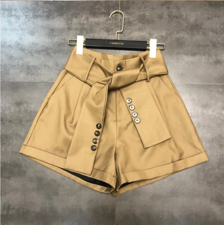 Fall New Button Design Belt High Waist Women Shorts Solid Color Female Wide Leg Shorts