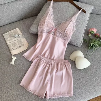 

Newest Girl Clothing Fashion Casual Solid Color Home sleepwear Shorts Pajamas Set Sling Tops High Quality Elegant Home Suit