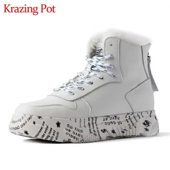 

Krazing Pot new winter keep warm leisure style cow leather snow boots round toe med heels women fashion lace up ankle boots L32