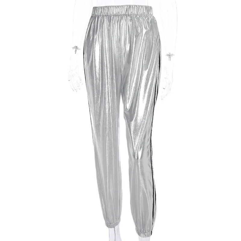 Модные серебристые женские брюки, брюки в полоску с высокой талией, женские свободные Стрейчевые осенние уличные штаны Харадзюку