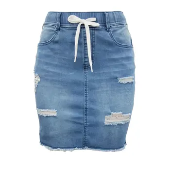 

Women Sexy Stretch Elastic Waist Above Knee Bodycon Mini Hollow Out Party Club Denim Skirts Distressed Ripped Shorts 2020