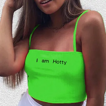 

Sexy Summer Women Strappy Tanks Letter Print Green Cropped Tank Tops Bare Midriff Crop Top Women