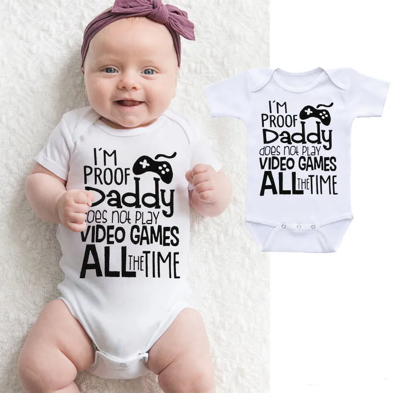 

I'm Proof Daddy Does Not Play Video Games All The Time Printed Short Sleeve Baby Bodysuit Infant Baby Boy Girl Onesies Clothes