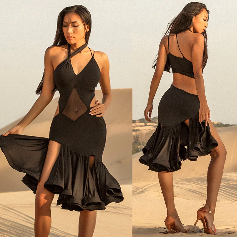 

Latin Dance Dress Black Sexy Hanging Neck Irregular Design Tango Salsa Cha Cha Samba Rumba Lady Stage Performance Wear DNV11857