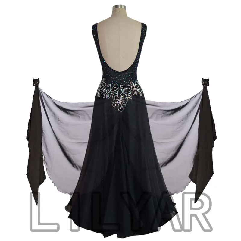 Ballroom Dance Standard Skirt Competition Costumes Performing Dress Customize Adult Kids Deep V-neck Bla
