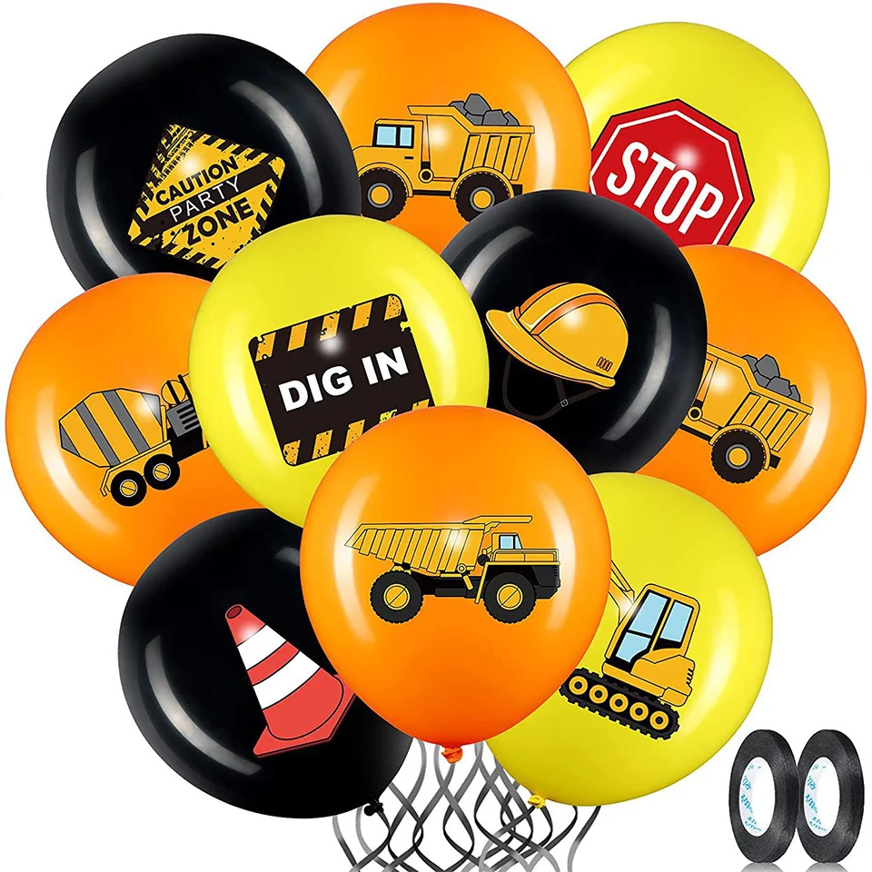1set Construction Bulldozer Series Disposable Tableware Paper Cups Plates Truck Balloons For Boy's Birthday DIY Party Decoration