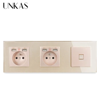 

UNKAS Glass Panel Double French Standard Wall Socket with 4 USB Charging Port + + RJ45 Internet Computer