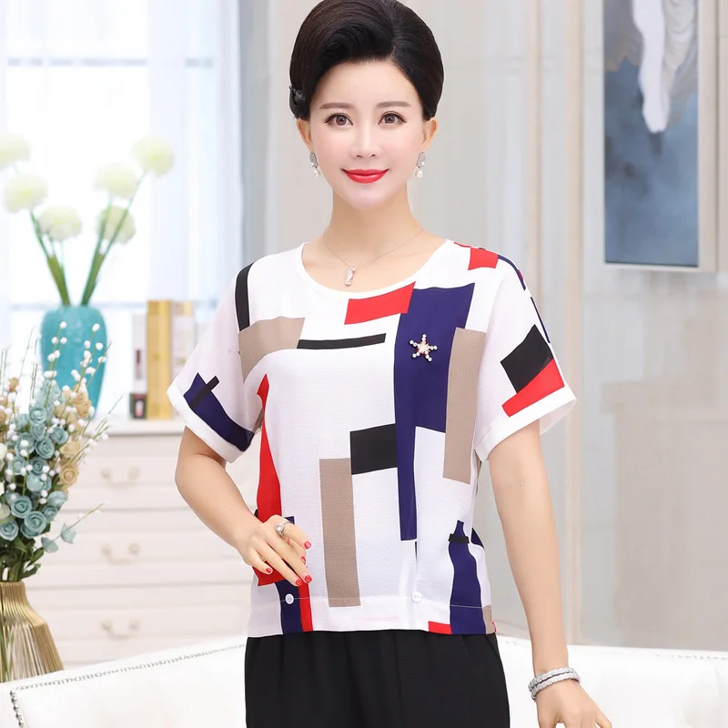

Middle-aged Women Dress Set 2019 Summer New Style 30-40-Year-Old Middle-aged WOMEN'S Short Sleeve Shirt Chiffon T-shirt Loose Pa