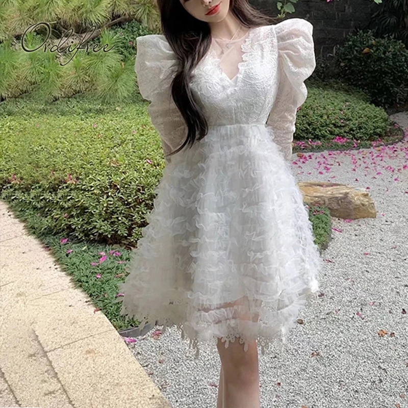 

Ordifree 2022 Summer Women Mini Party Dress Long Sleeve White Lace Ruffle Tulle Tunic Beach Dress