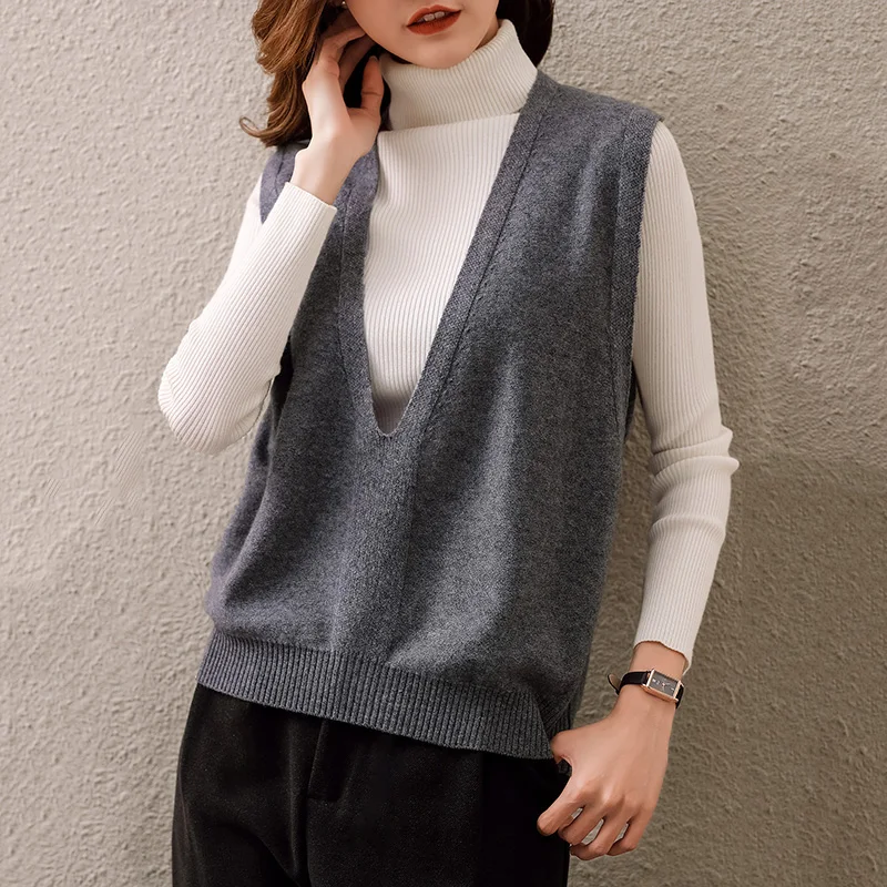Autumn and Winter New Style 100 Pure Wool Vest Women's V neck Color