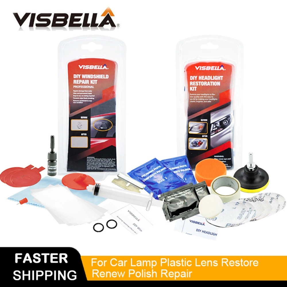 Visbella Windshield Repair and Headlight Restoration Kit for Car Lamp Plastic Lens Restore Renew Polish Repair Hand Tool Sets photo