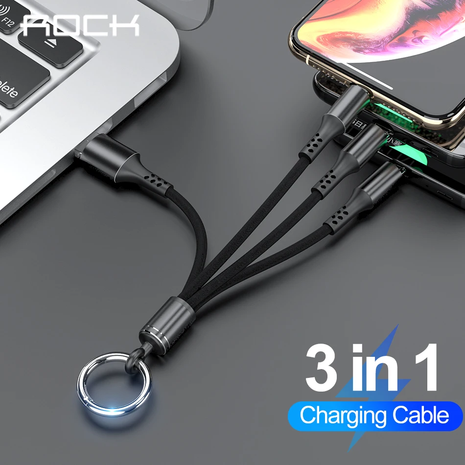 Usb-кабель Rock 3 в 1 для iPhone Xiaomi samsung Android type-C Micro USB многофункциональный брелок