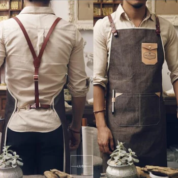 

2020 Apron for Women Men Canvas Apron BBQ Senior Cotton baking Bib Leather Straps Kitchen cooking Waitress Custom Print Logo