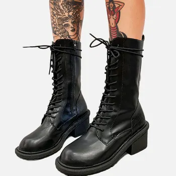 

2020 On Sale Shoelaces Top Quality Luxury Brand Square Heels Winter Shoes Women Boot Fashionable Cool Motorcycles Boots Female