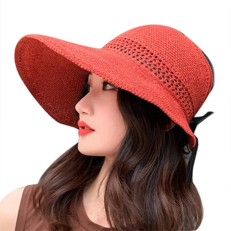 Woven Crochet Sun Visor Hat Big Bowknot 