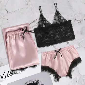 

Women Satin Lace Pajamas V-Neck Bow Sleeveless 3Pcs Pajamas For Women Sexy Lingerie Sleepwear Spaghetti Strap New Pijama Mujer