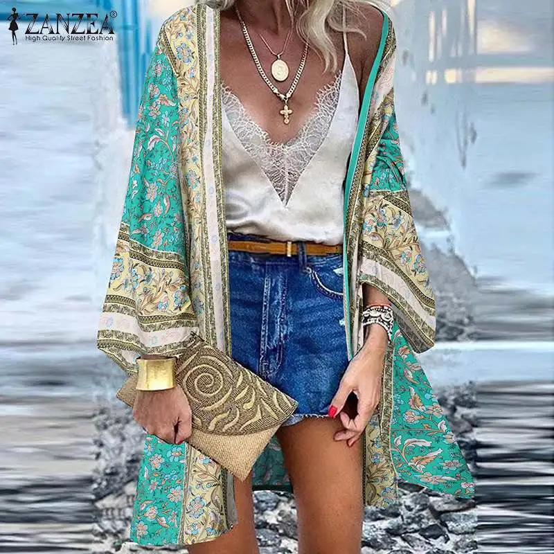 ZANZEA Damen Floral Printed Kimono Tops Cardigan Fledermaus Lose Jacken Mäntel