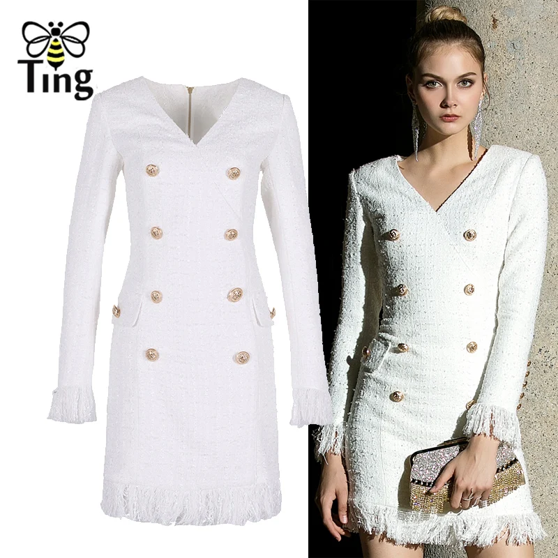 

Tingfly New Designer Autumn Winter Tweed Tassel Mini Dress Vintage Elegant Double Breasted Bodycon Short Dress Casual Vestidos