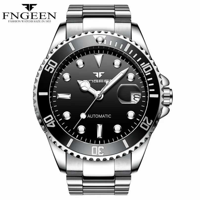 Мужские s часы лучший бренд класса люкс из нержавеющей стали FNGEEN 9001 зеленый бизнес автоматические механические наручные часы Мужские часы - Цвет: steel silver black