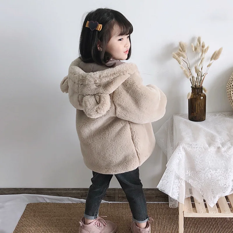 Dollplus/Детское пальто из искусственного меха с капюшоном хлопковые куртки для детей, милое однотонное теплое пальто для маленьких девочек, зимняя праздничная одежда
