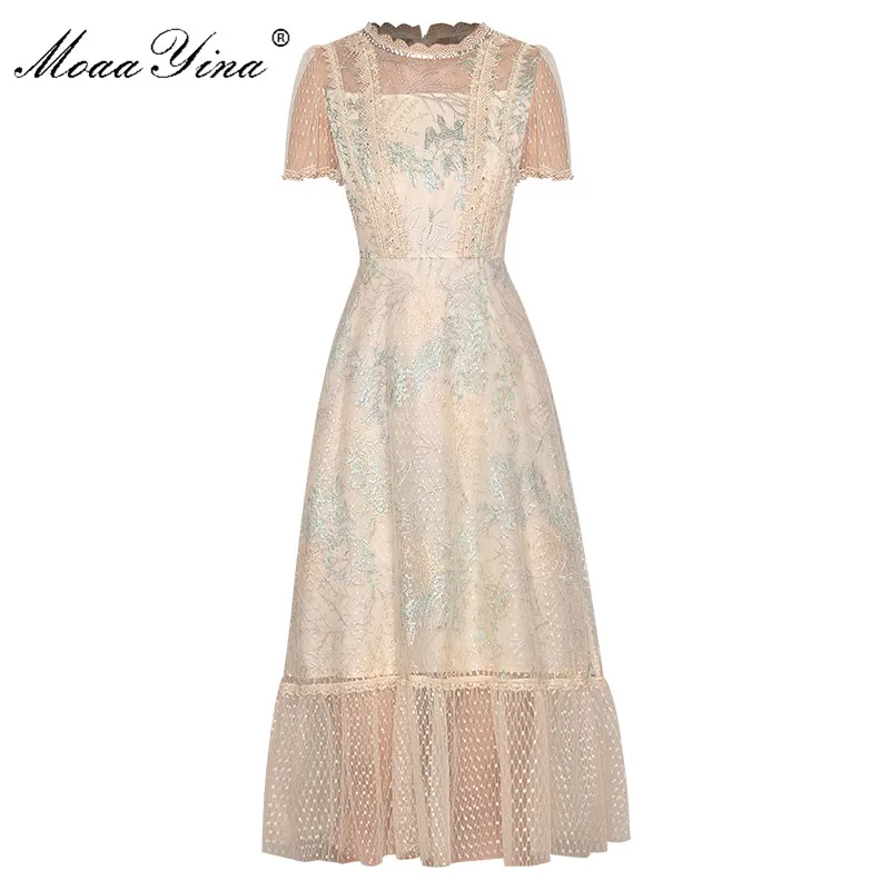 

MoaaYina Fashion Runway dress Summer Women's Dress Short sleeve Beaded Mesh Embroidery Slim Dresses