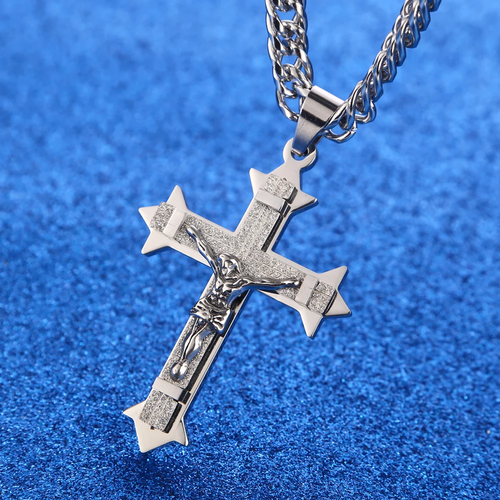 Cross Christ Jesus Pendant Necklace Stainless Steel Link rolo Chain Heavy Men Mascot Jewelry Lucky Symbol Gift