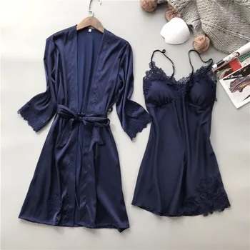 

Luxury Robe Gown Set Two Pieces Autumn Sleepwear Women Home Wear Peignoir Set Bathrobe Transparent Kimono Lace Nightdress H10