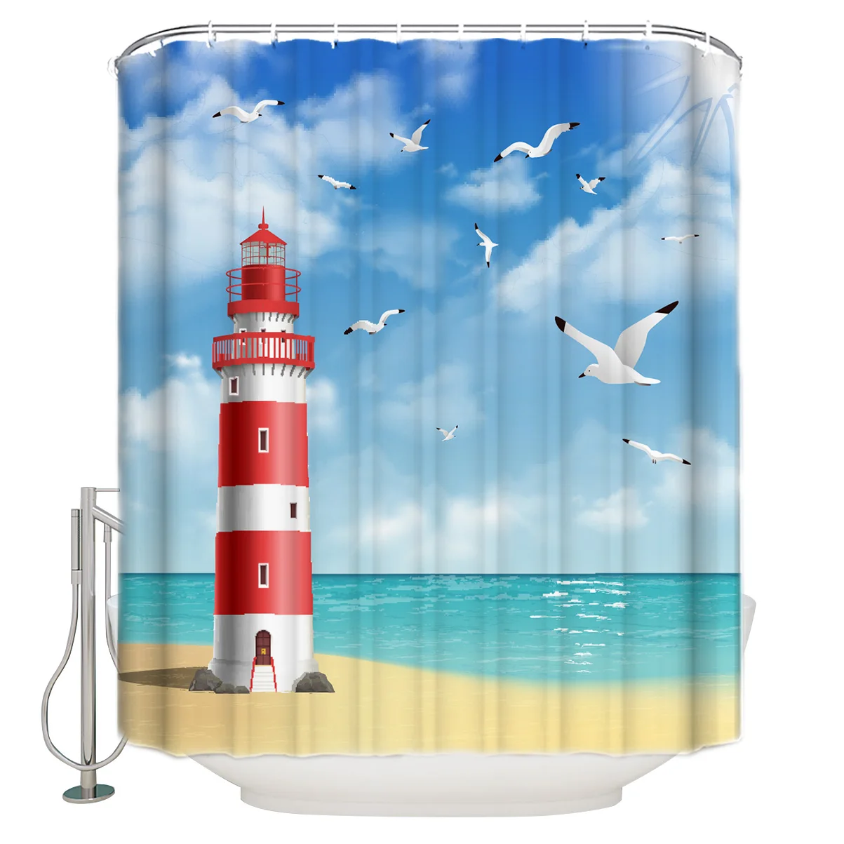 Lighthouse Beach Seagull Shower Curtain Bathroom Curtain Polyester Fabric Bath Curtain Washable