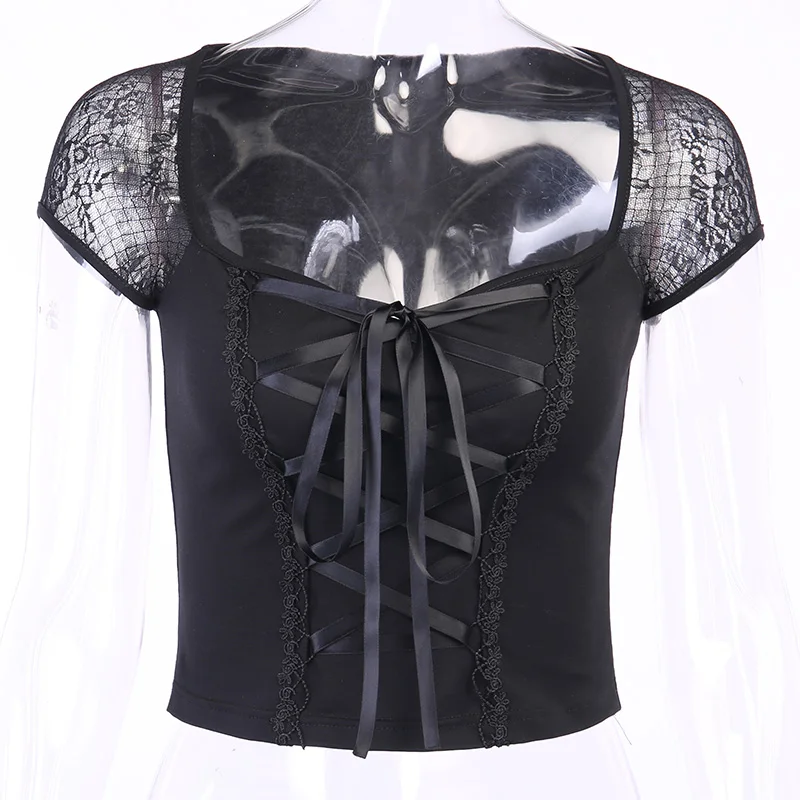 Vintage Tops Goth T-Shirt Frauen Bodycon Bandage Spitze schwarz T-Shirts Gothic Streetwear sexy weibliche Top Casual Mesh T-Shirt – Detail 11