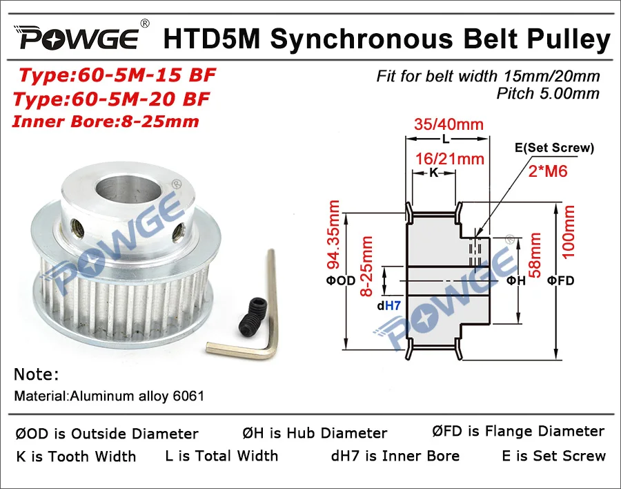 POWGE дуги 60 Зубы HTD5M синхронный шкив Диаметр 10/12/14/15/19/20/22/25 мм для Ширина 15/20 мм HTD 5 м зубчатый ремень Шестерни 60 Зубы 60 T