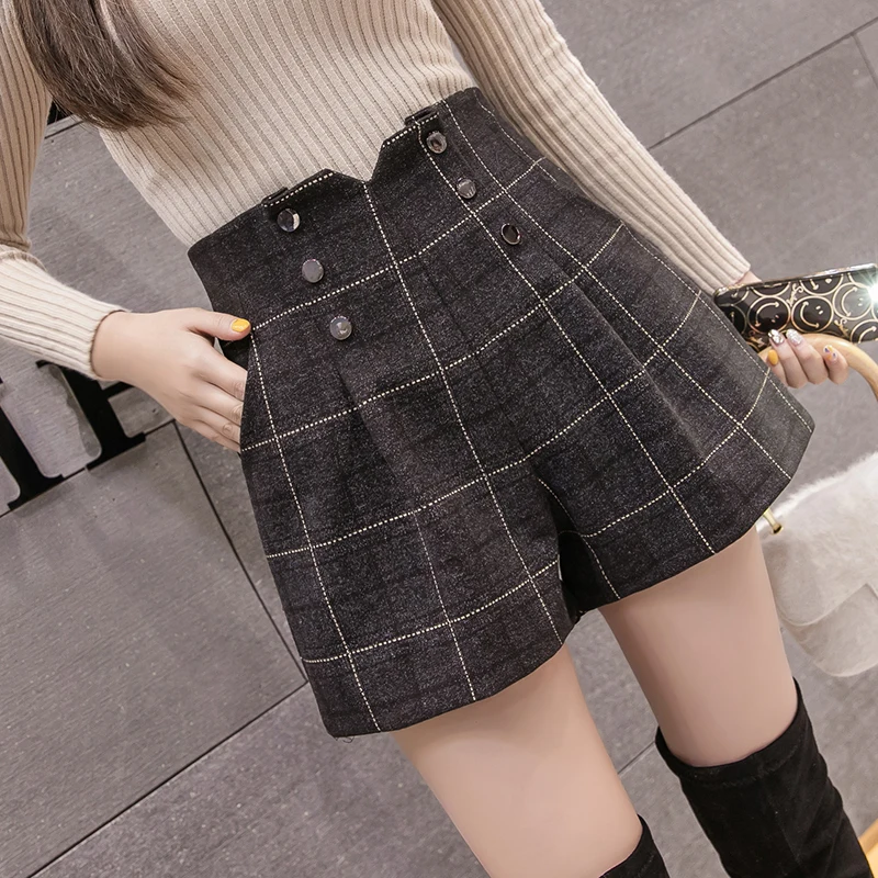 

Zoki Autumn Winter Women Plaid Wool Shorts Vintage High Waist A-line Harajuku Female Wide-legged short Casual Office Lady Shorts