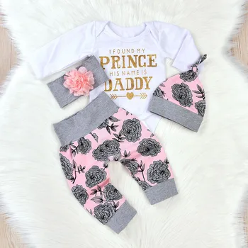 

Toddler Newborn Baby Girls Letter Rompers Jumpsuit Flowers Pants 4PCS Outfit Set Four-piece children's clothing