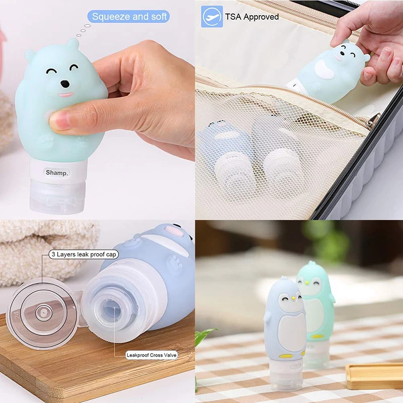 Cut Penguin& Bear Silicone Travel Bottle Set- 3Oz/90Ml, 2.8Oz/80Ml- 3-Layer Leakproof Container for Shampoo,Toiletries,Lotion