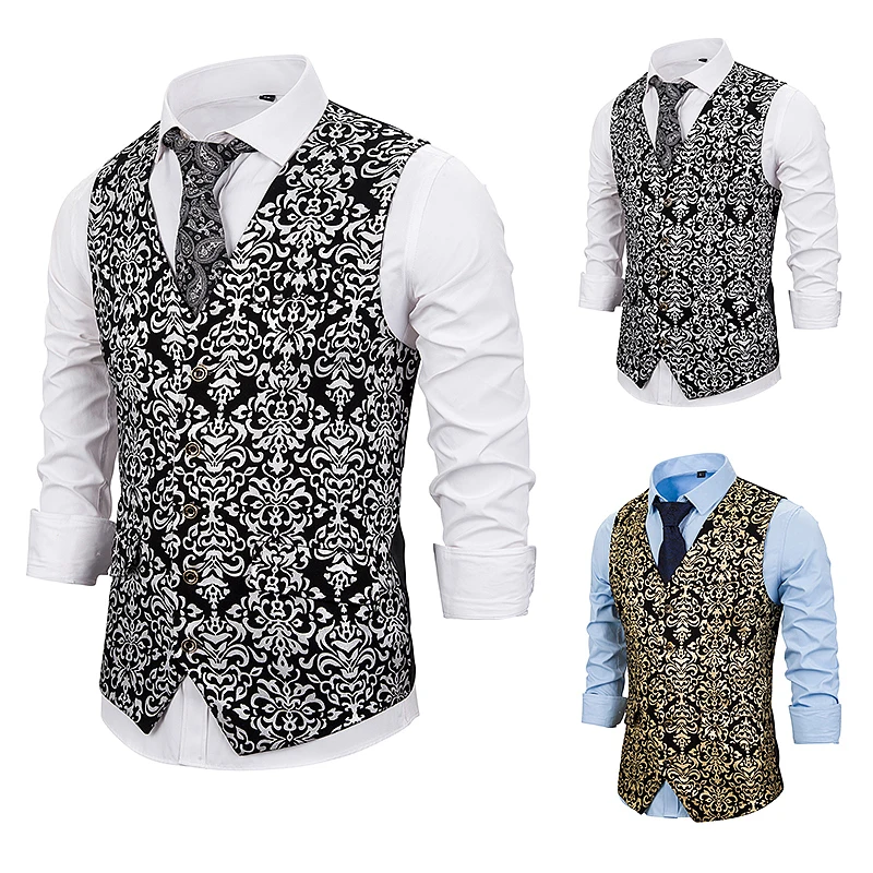 PUIMENTIUA Slim Fit Single Breated  Male Gold Steampunk Wedding Sleeveless Slim Fit  Vests For Men Single Buttons Waistcoat