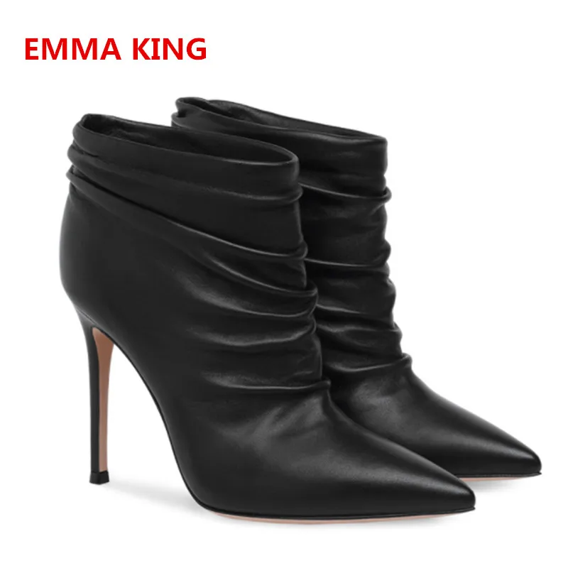 

Black /Brown Leather Pleated Design Fashion Stilettos Ankle Boots For Women 2019 Autumn Winter Pointed Toe High Heels Short Boots Slip-On Style Sexy Booties