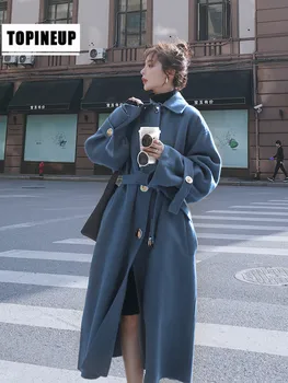 

Women's Loose Plus Size Slim Fitted Style Belted knee Solid color wool coat female